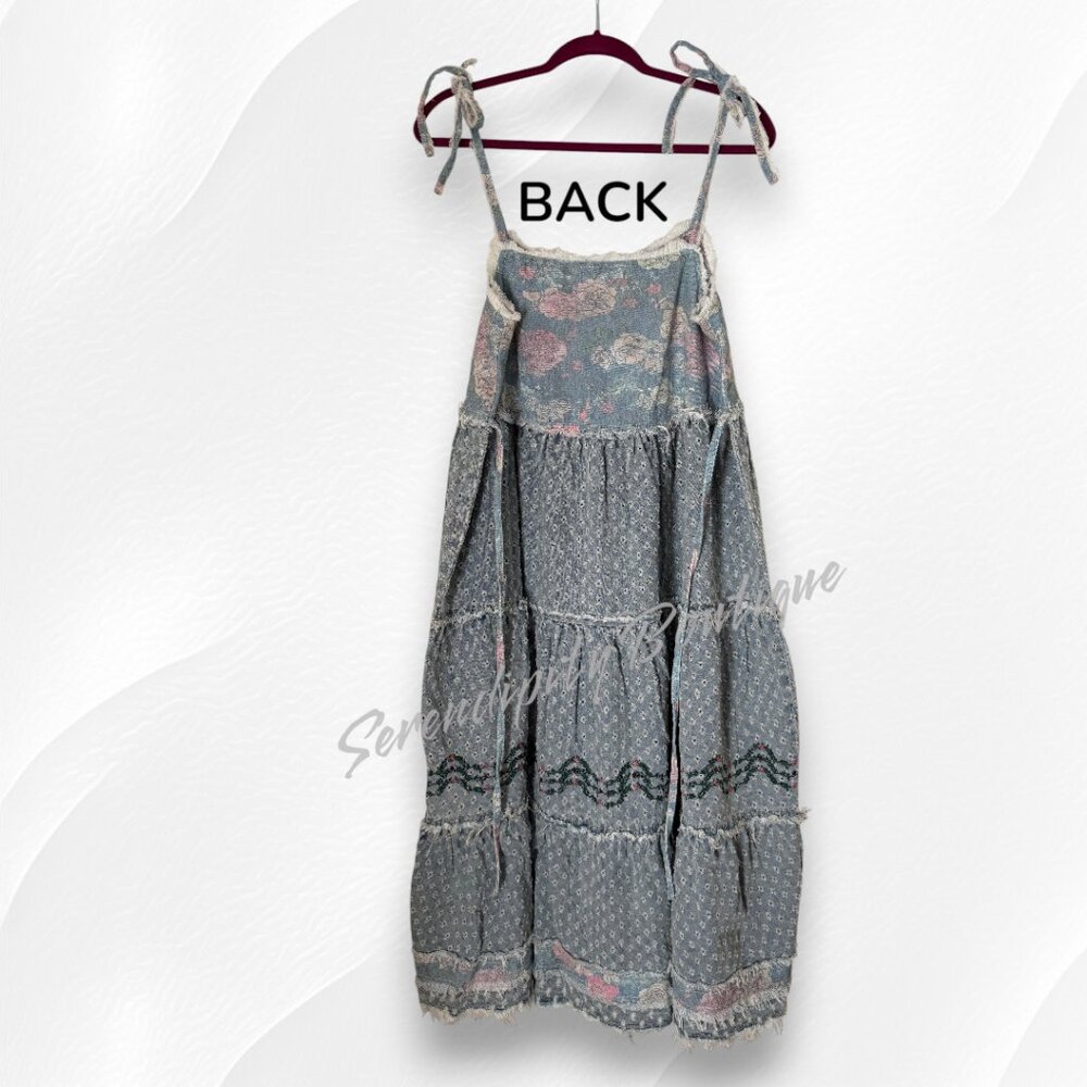 POL Bohemian Girly Cowgirl Strappy Denim Tiered Patchwork Maxi Eyelet Jean Dress - Picture 4 of 12